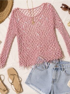 Y2K Fairycore Pink Crochet Mesh Sequin Top Sheer Fishnet Knit Festival Boho